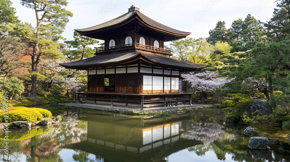 Tranquil Japanese temple pond reflection, spring blossoms Tranquil Japanese temple pond reflection, spring blossoms