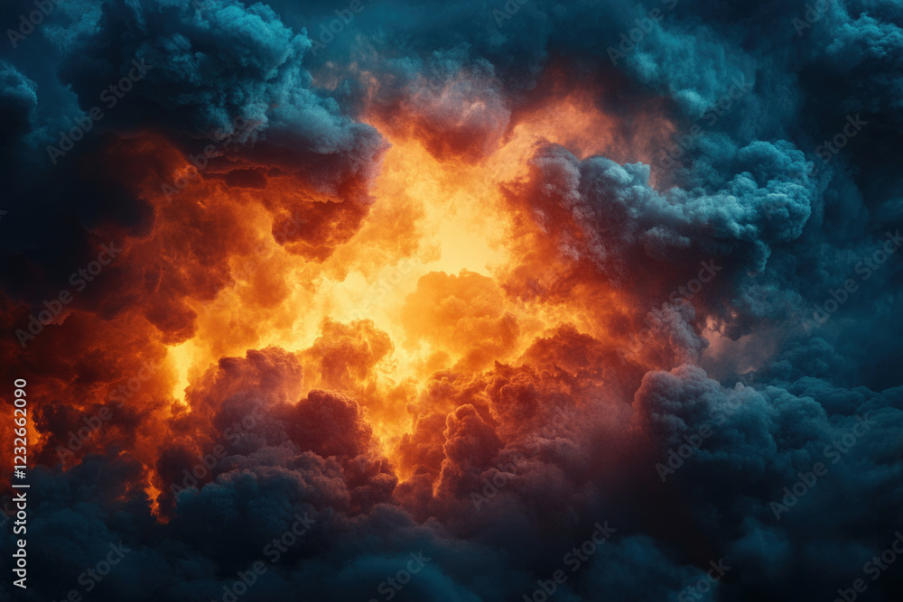 Fototapeta premium Fiery inferno within a dark, stormy sky; a dramatic clash of fire and smoke.