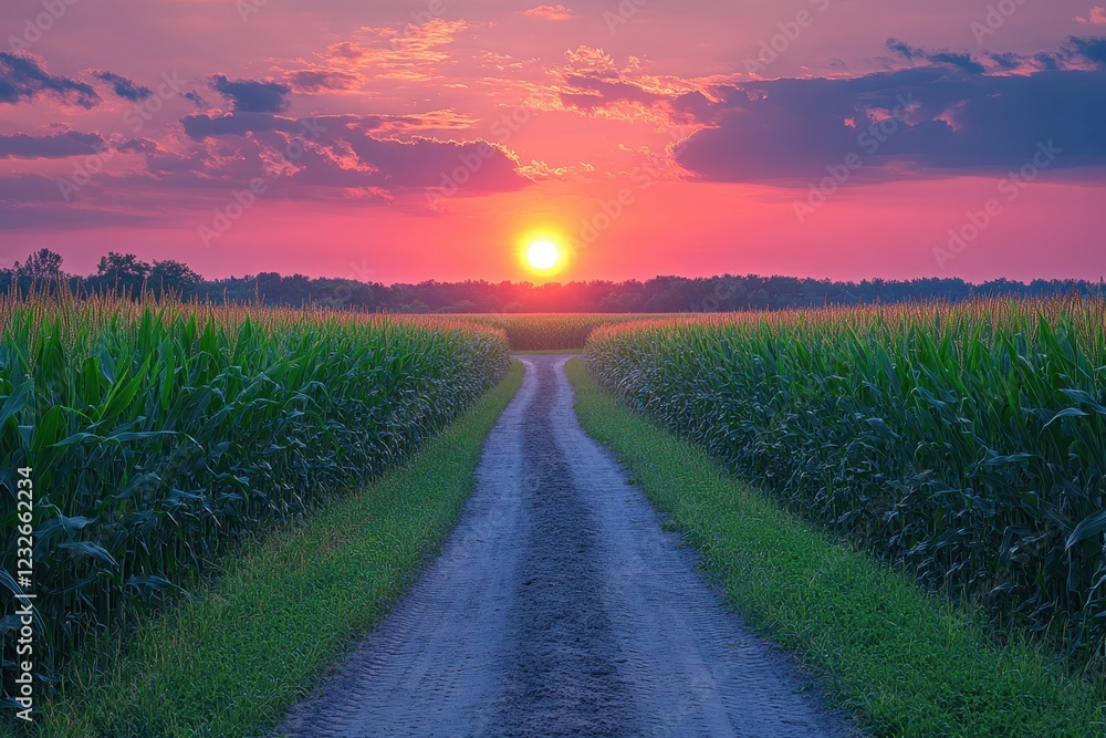 Obraz premium Cornfield path leads toward vibrant sunset under dramatic clouds