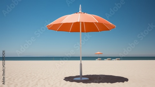 Wallpaper Mural A minimalist image of a sun drenched beach with a single, colorful beach umbrella casting a shadow on the white sand. Torontodigital.ca