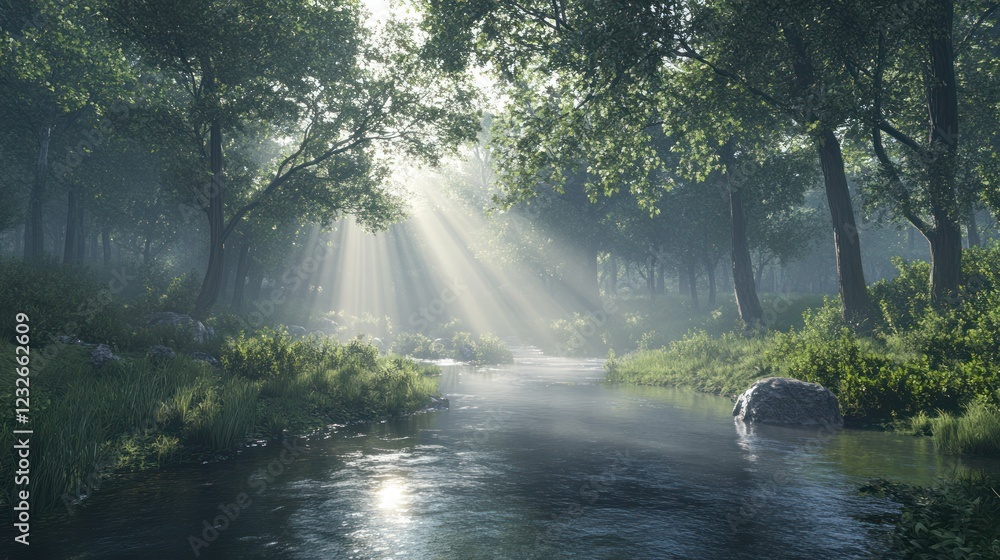Sunbeams through misty forest, river flows, peaceful nature scene, perfect for relaxation Sunbeams through misty forest, river flows, peaceful nature scene, perfect for relaxation