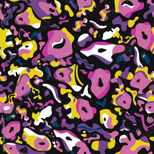 seamless pattern features an abstract design with vibrant, multicolored organic shapes in pink, yellow, and white on a black background, creating a bold and dynamic visual effect