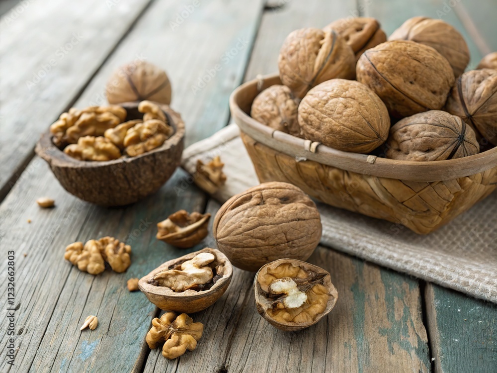 Whole walnuts and kernels on a rustic wooden surface, a captivating still life. Whole walnuts and kernels on a rustic wooden surface, a captivating still life.