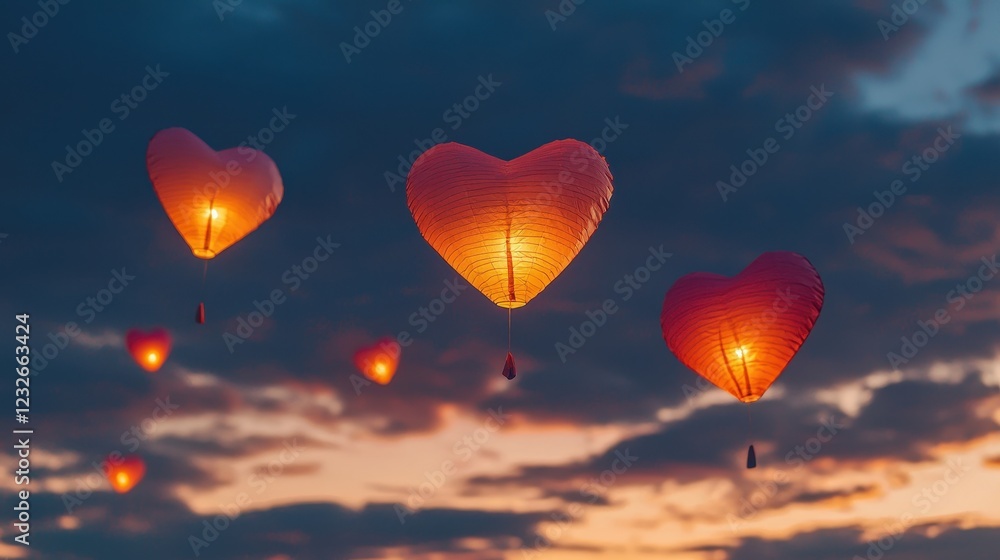 Obraz premium Pink and Red Heart Lanterns at Dusk