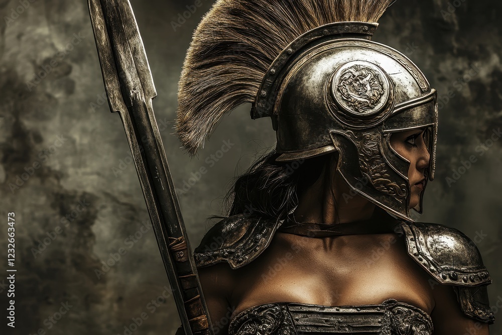 Fototapeta premium Warrior in detailed armor stands proudly with spear against dramatic backdrop showcasing strength and heritage
