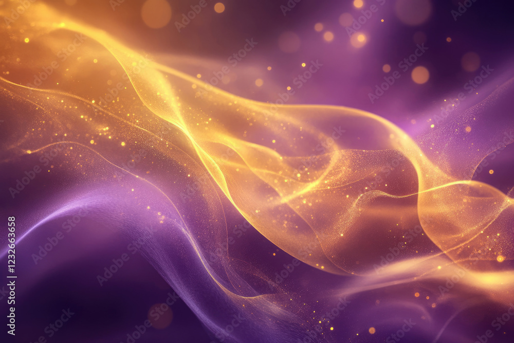 Fototapeta premium Abstract background with golden and purple flowing particles and bokeh lights.