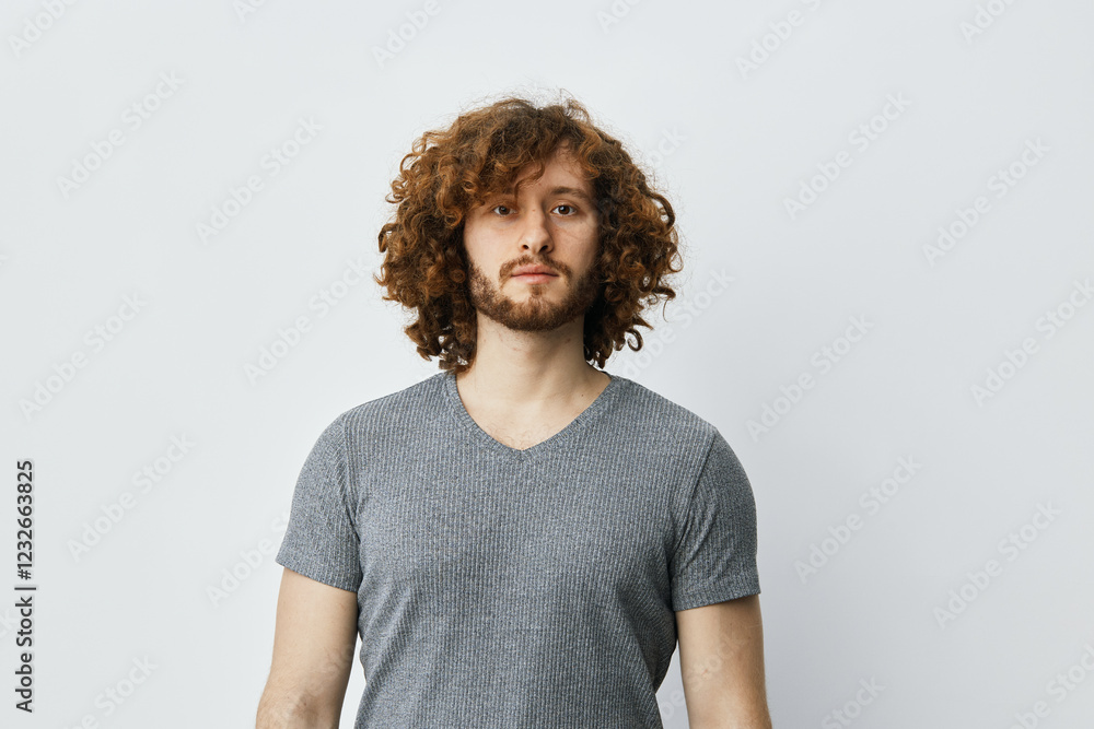 Confident young man with curly hair in a gray t shirt against a light background, expressing calmness and serenity, ideal for lifestyle and wellness themes Confident young man with curly hair in a gray t shirt against a light background, expressing calmness and serenity, ideal for lifestyle and wellness themes