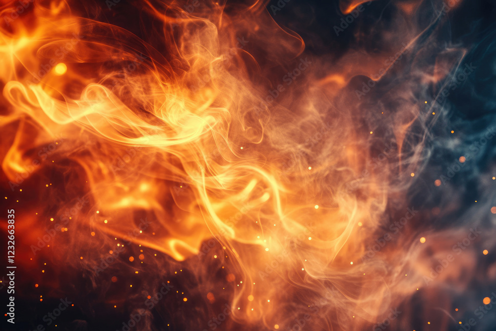 Abstract image of fiery smoke and sparks, swirling with intense orange and yellow hues. Abstract image of fiery smoke and sparks, swirling with intense orange and yellow hues.