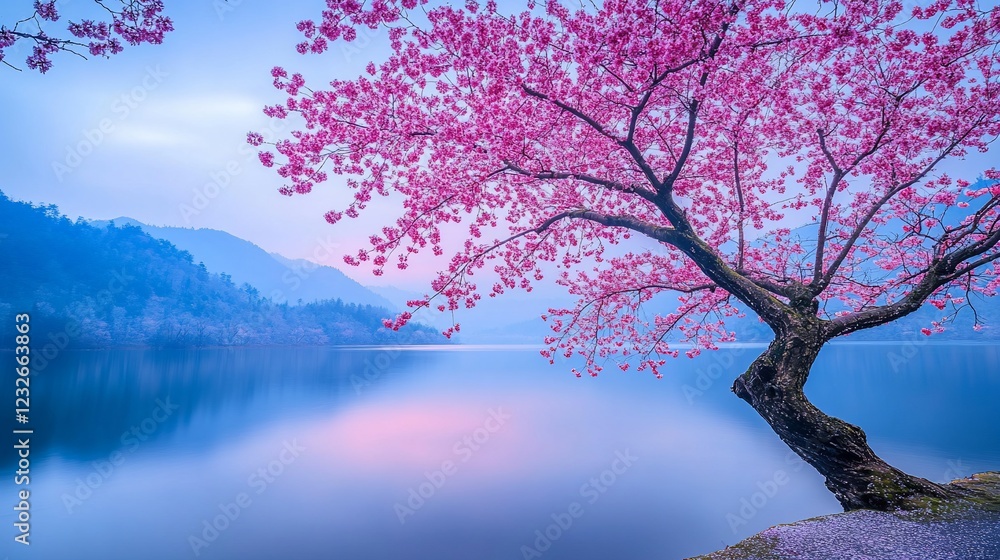 Pink cherry blossom tree lake sunrise tranquil mountains Pink cherry blossom tree lake sunrise tranquil mountains