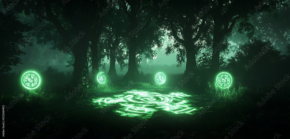 Fototapeta premium A dark forest clearing lit by eerie green light with strange symbols glowing on the ground