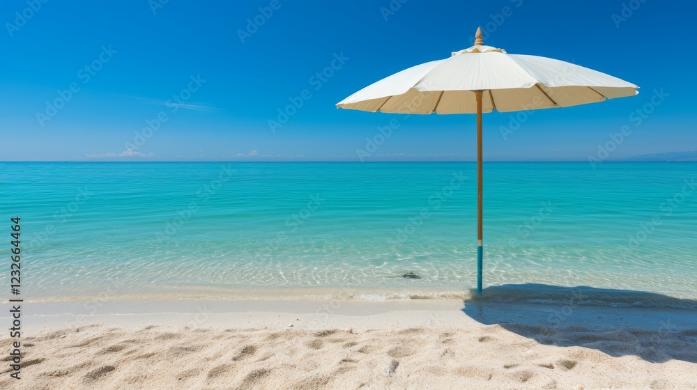 A minimalist image of a sun drenched beach with a single, colorful beach umbrella casting a shadow on the white sand. A minimalist image of a sun drenched beach with a single, colorful beach umbrella casting a shadow on the white sand.