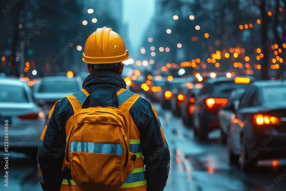 Traffic controller monitors busy street with illuminated cars during twilight in an urban area Traffic controller monitors busy street with illuminated cars during twilight in an urban area