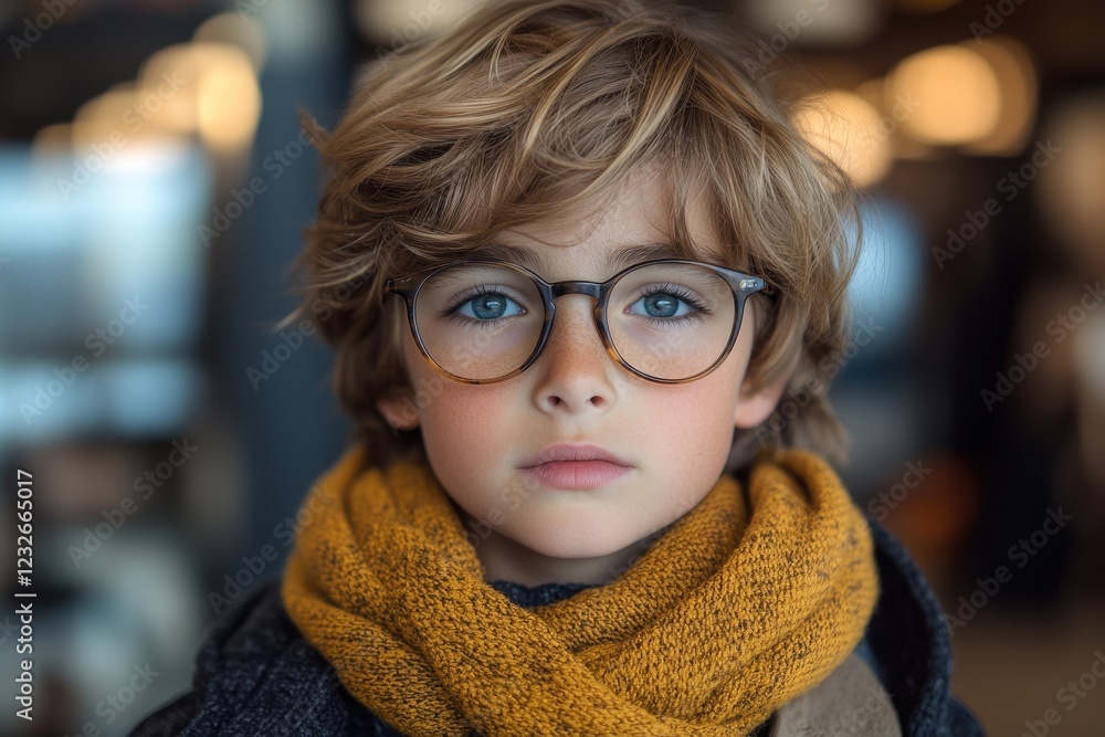 Young boy with glasses and a scarf poses thoughtfully in a cozy indoor setting during the winter season Young boy with glasses and a scarf poses thoughtfully in a cozy indoor setting during the winter season