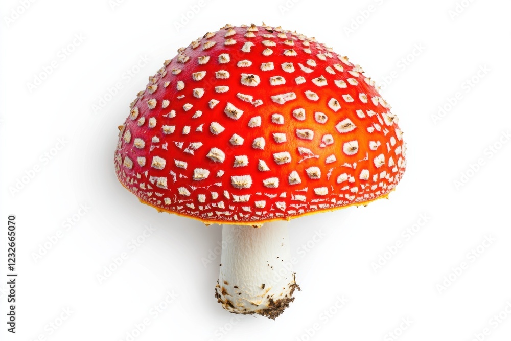 Bright red Amanita muscaria mushroom with white spots, isolated on white background, mycology concept Bright red Amanita muscaria mushroom with white spots, isolated on white background, mycology concept