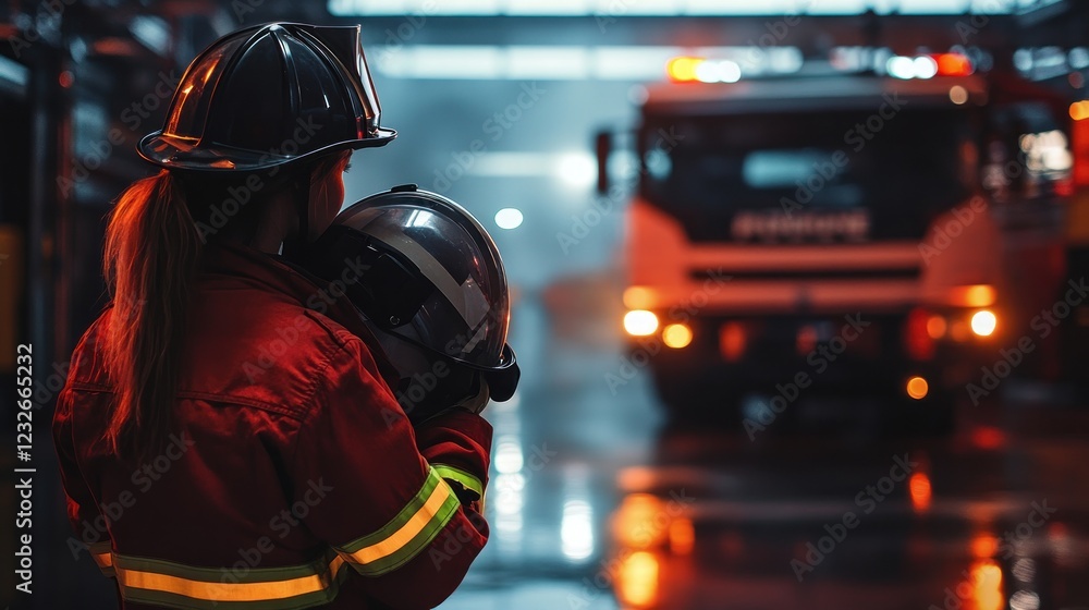Obraz premium Firefighter holding helmet, firetruck in background, station