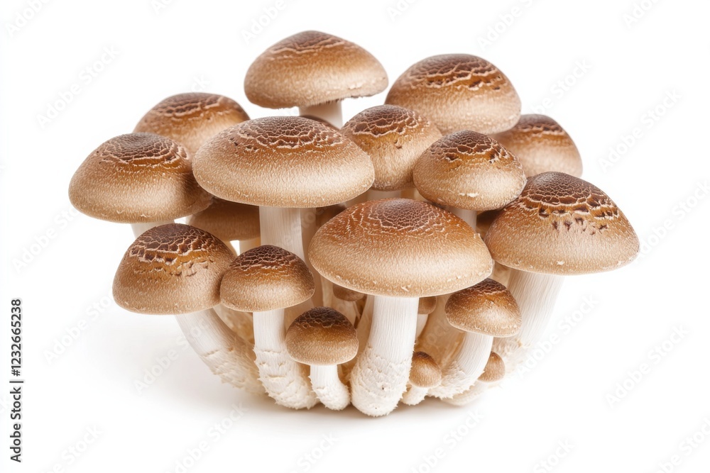 Brown Beech mushroom cluster with glossy brown caps on white background, isolated fungi illustration, educational concept Brown Beech mushroom cluster with glossy brown caps on white background, isolated fungi illustration, educational concept