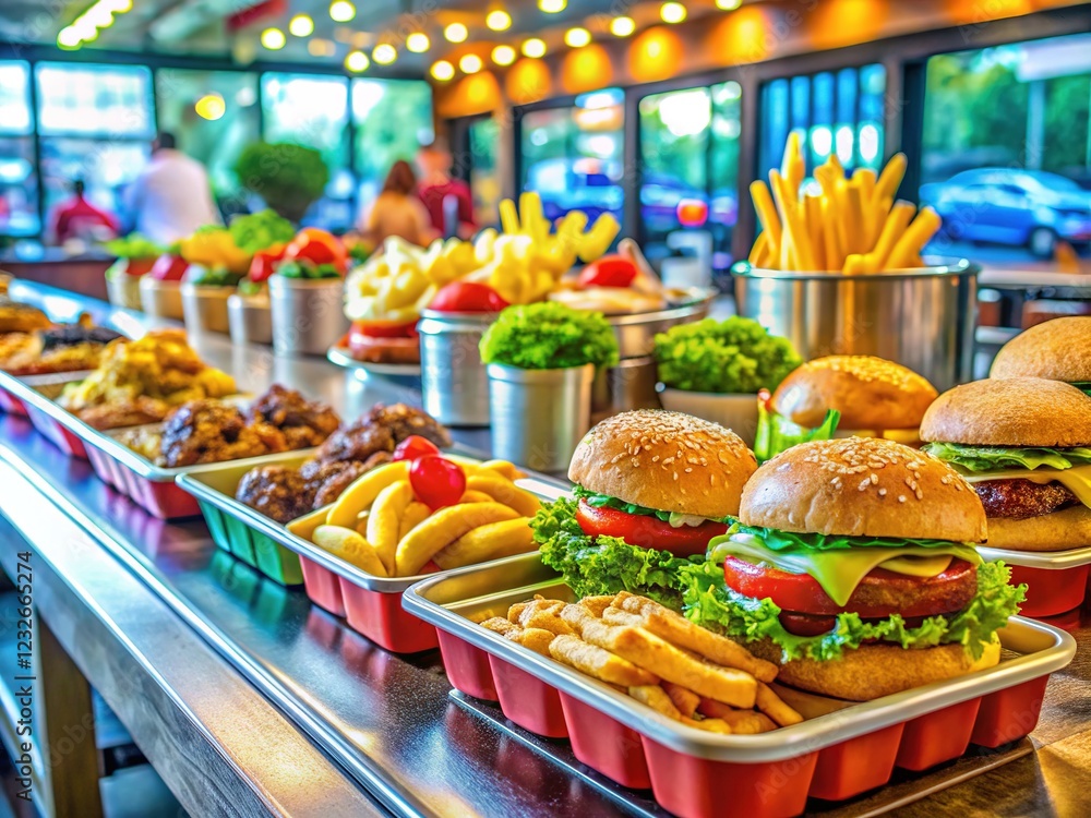 Fototapeta premium Scenic stops & satisfying snacks: American diner fare & fast food for the road.