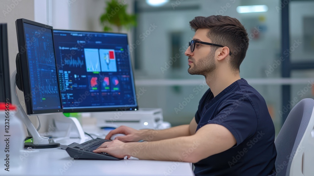 Young Man Analyzing Data on Dual Monitors in Modern Office Environment