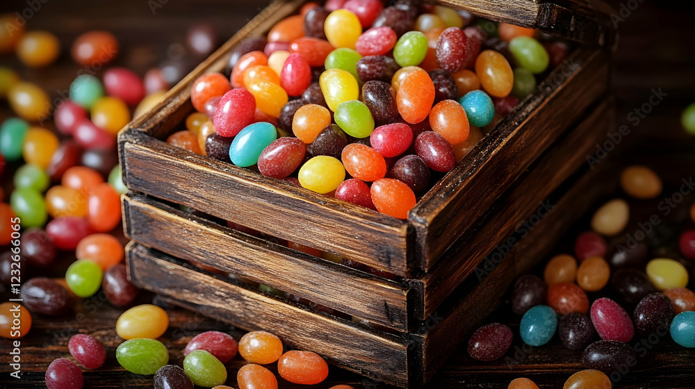 Colorful Jelly Beans in Wooden Crate on Dark Wood Background Colorful Jelly Beans in Wooden Crate on Dark Wood Background