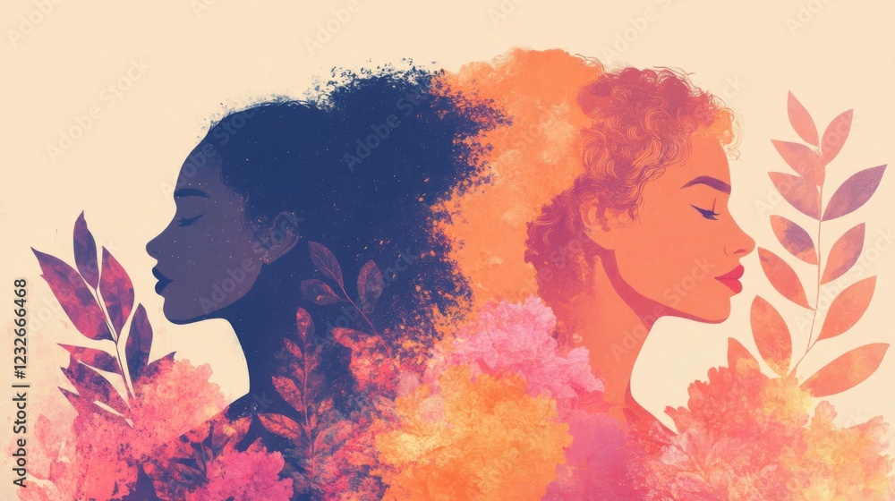 Fototapeta premium Two Women Profile Side by Side, Double Exposure with Floral Elements and Pastel Colors