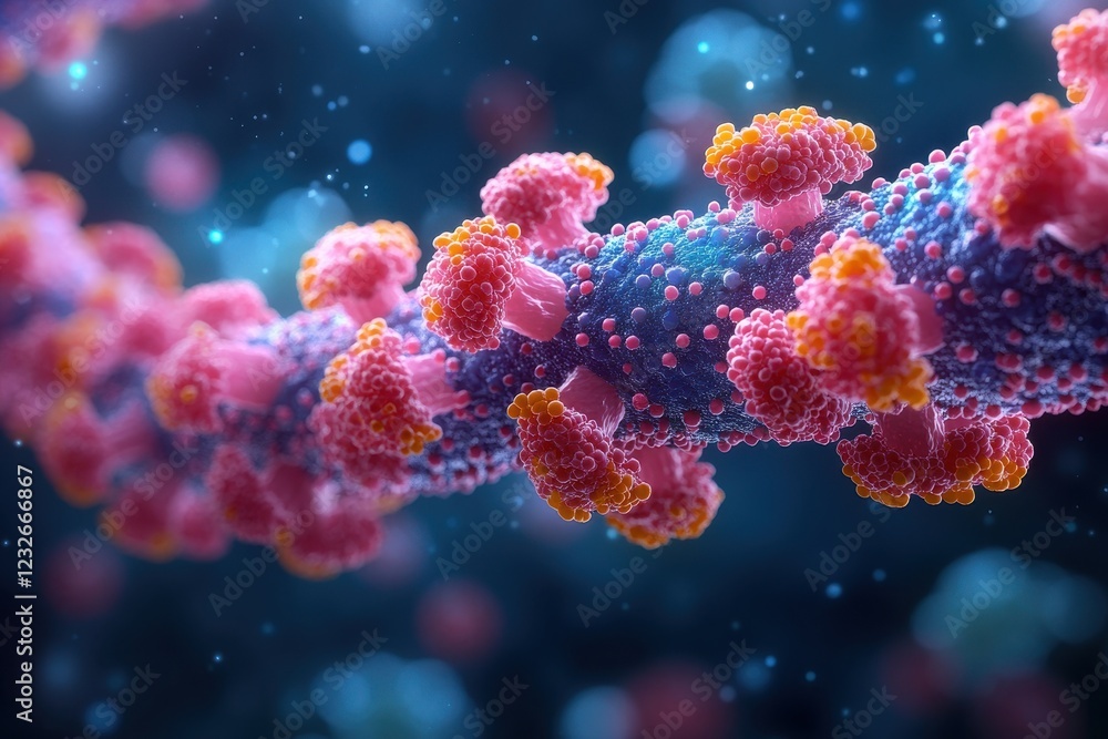 Naklejka premium Colorful depiction of a virus structure illuminated under close observation in a lab setting