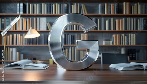 Metallic Letter G on Desk with Books and Lamp