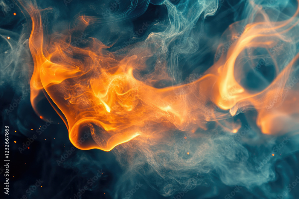 Fototapeta premium Abstract fiery smoke swirls in teal and orange hues, creating a mesmerizing visual spectacle.