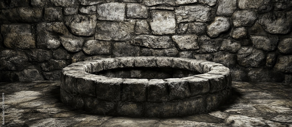 Fototapeta premium Stone well in ancient cellar; dark background, game design