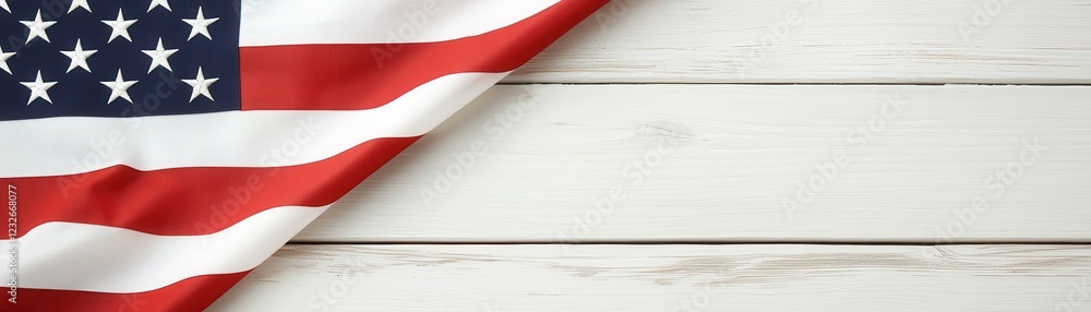 A vibrant American flag drapes over a rustic white wooden surface, symbolizing patriotism and national pride. A vibrant American flag drapes over a rustic white wooden surface, symbolizing patriotism and national pride.