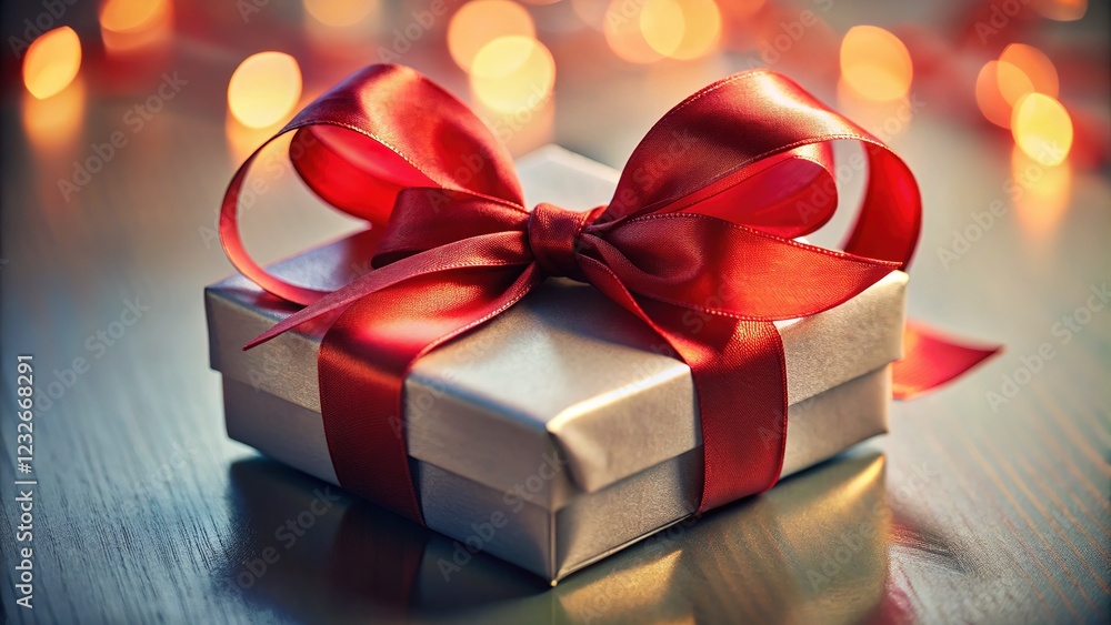 Isolated tilt-shift gift box, adorned with a red ribbon bow. Isolated tilt-shift gift box, adorned with a red ribbon bow.