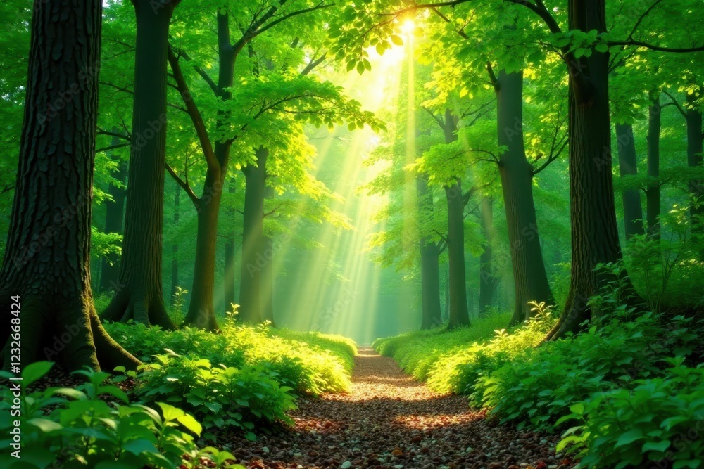 Obraz premium Sunlight dappled forest floor, vibrant green leaves , ecology, bright