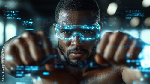 Focused Athlete Interacting with Futuristic Digital Interface