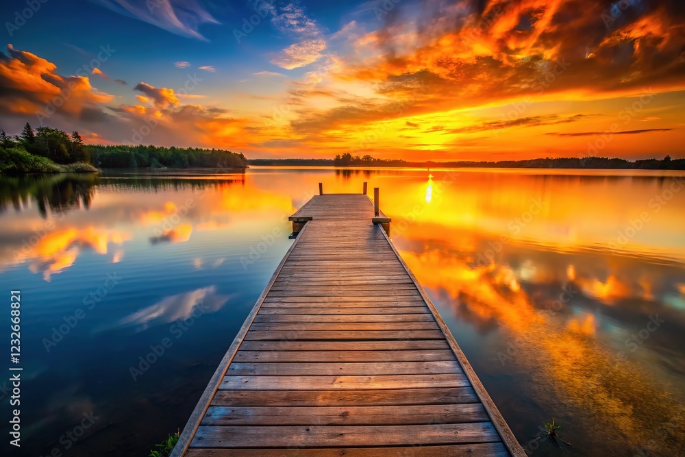 Naklejka premium High-detail photorealistic view of a lake pier at sunset, orange hues.