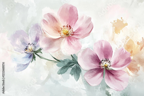 Beautiful floral artwork featuring pink and purple blossoms on a soft pastel background