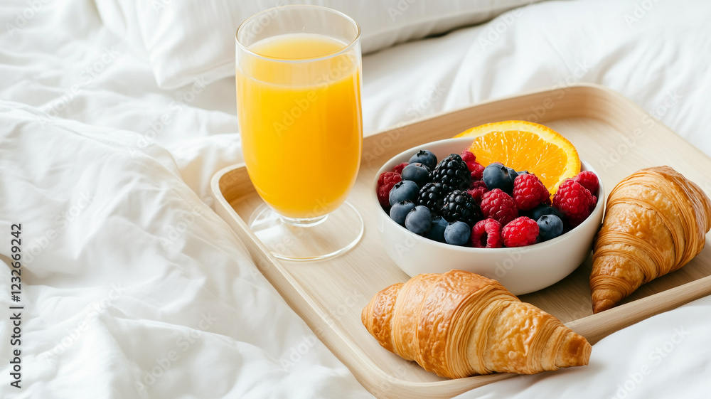 luxurious breakfast tray with orange juice, mixed berries, and croissants on cozy bed luxurious breakfast tray with orange juice, mixed berries, and croissants on cozy bed