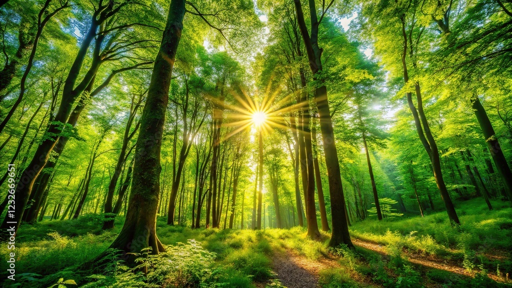 Fototapeta premium Golden light dances on the enchanted wood.