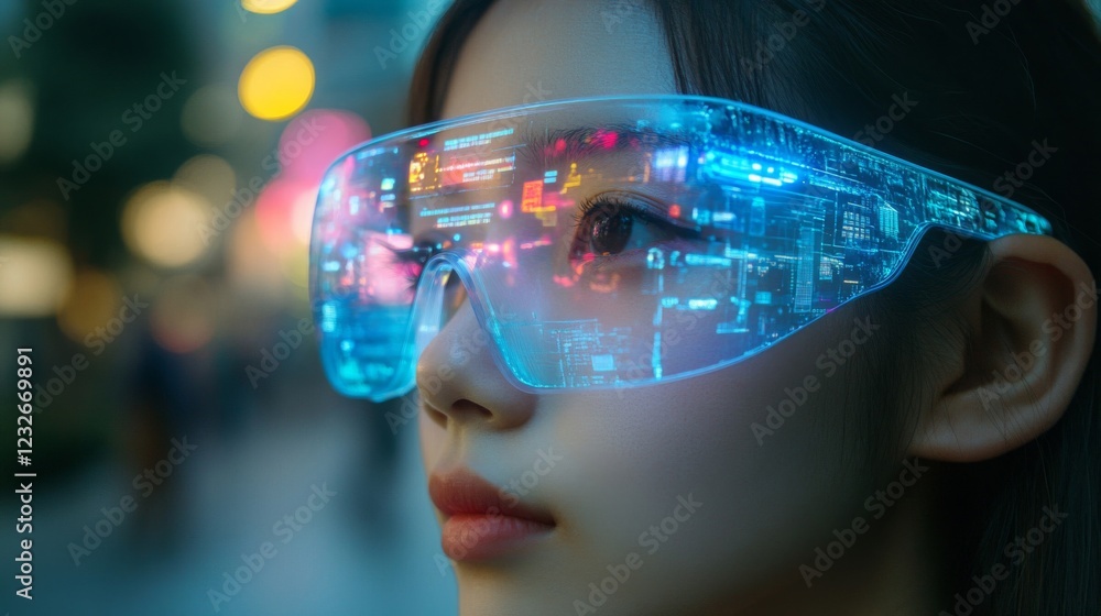 Woman Wearing Futuristic Blue Augmented Reality Glasses at Night in City Woman Wearing Futuristic Blue Augmented Reality Glasses at Night in City