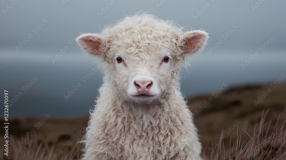 Fototapeta premium Fluffy lamb, gazing, coastal hill, overcast