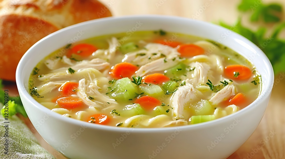 A warm bowl of chicken noodle soup with carrots and celery, styled with a rustic bread roll and cozy napkin. A warm bowl of chicken noodle soup with carrots and celery, styled with a rustic bread roll and cozy napkin.