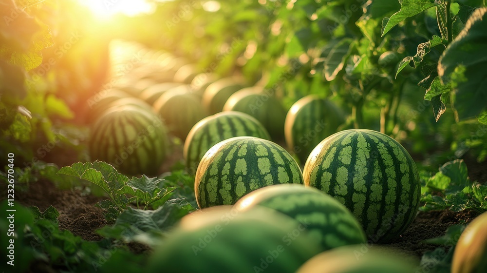 Ripe watermelons growing in a field at sunset. Ripe watermelons growing in a field at sunset.
