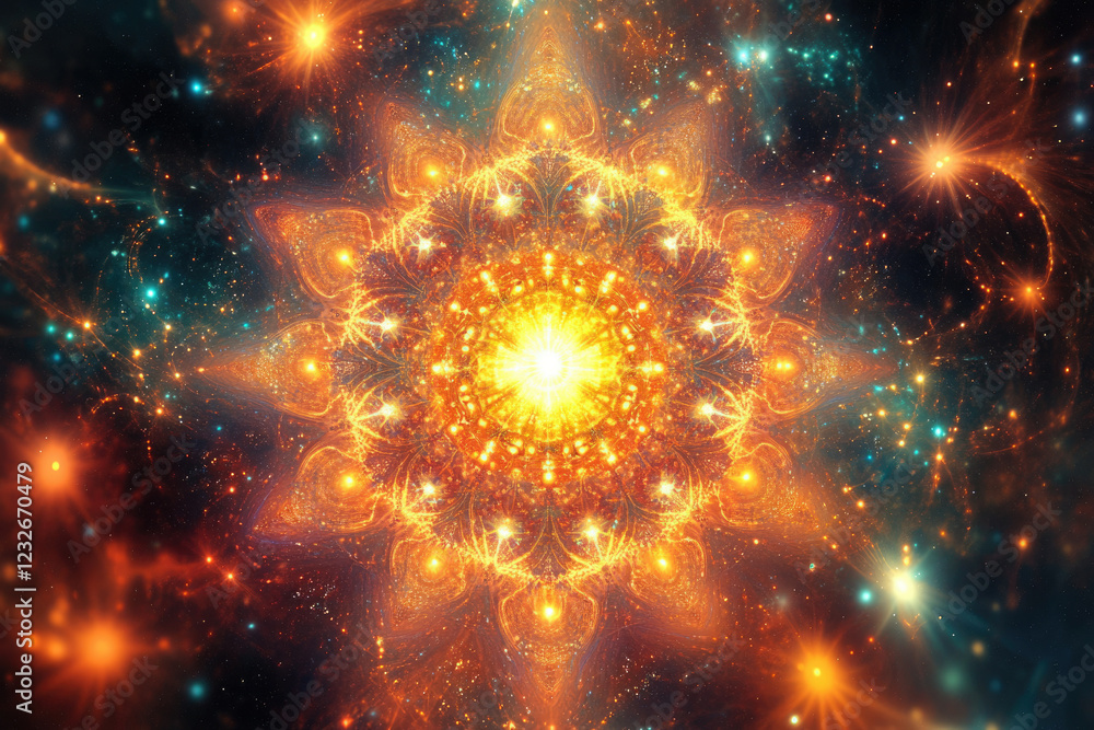 A vibrant fractal mandala glows brightly amidst a cosmic nebula, showcasing intricate patterns and radiant energy. A vibrant fractal mandala glows brightly amidst a cosmic nebula, showcasing intricate patterns and radiant energy.