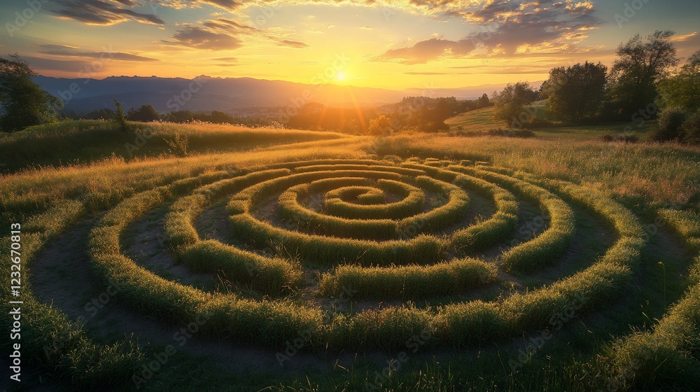 Sunset spiral maze in grassy field, mountain background, meditation Sunset spiral maze in grassy field, mountain background, meditation