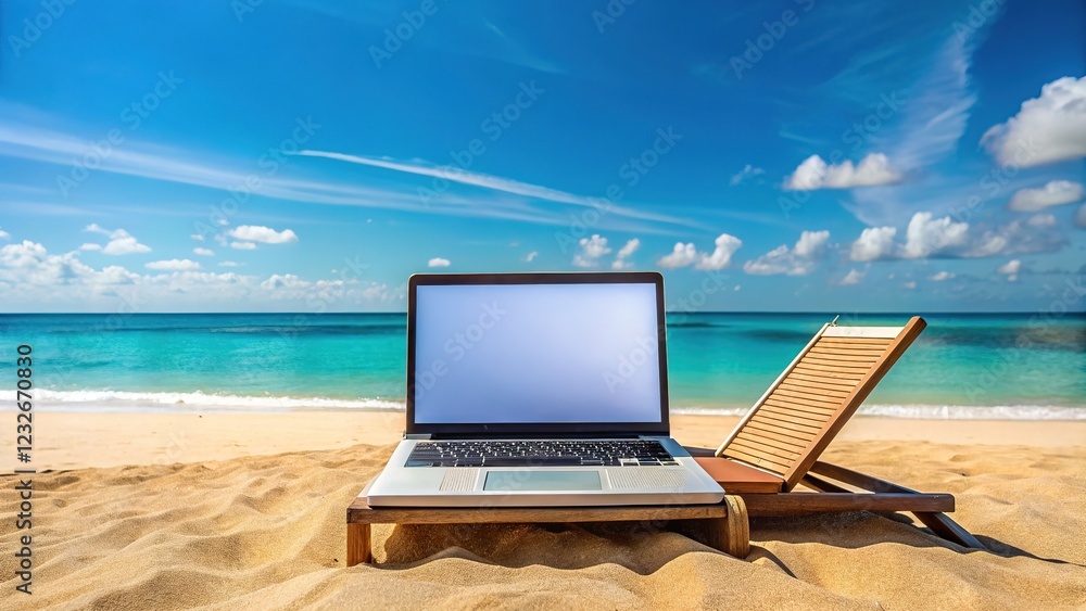 Empty laptop on beach setting, versatile landing page template. Empty laptop on beach setting, versatile landing page template.