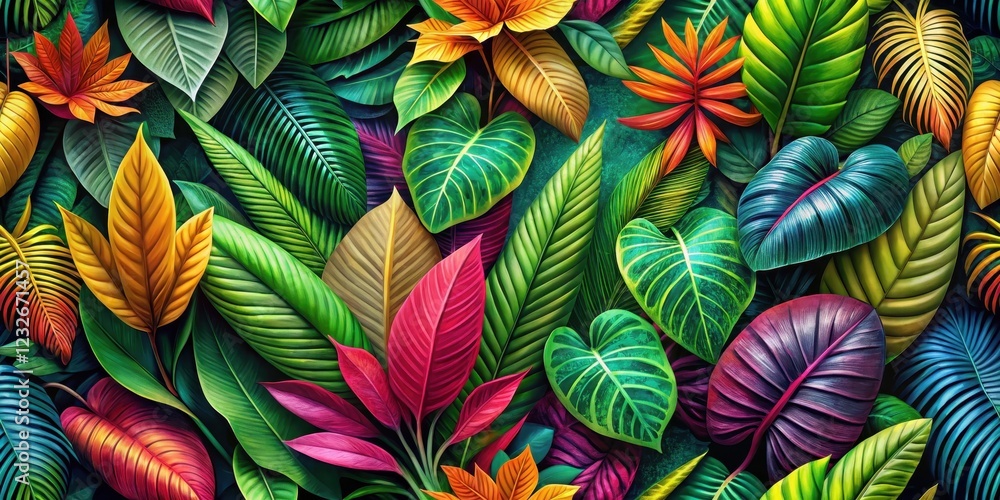 Vibrant tropical foliage seamless background with multicolored leaves and lush greenery, colorful, flowers, colorful Vibrant tropical foliage seamless background with multicolored leaves and lush greenery, colorful, flowers, colorful