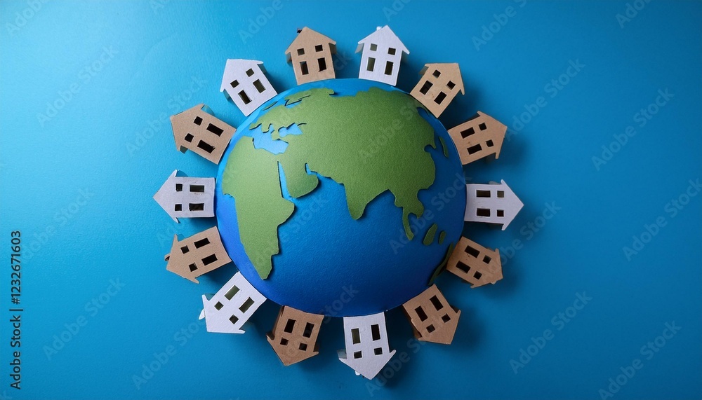 Fototapeta premium 종이로 만든 둥근 지구 위에 작은 집들이 놓인 종이인형