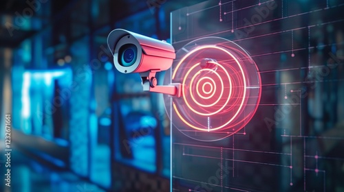 Modern, high-tech surveillance camera with neon lights