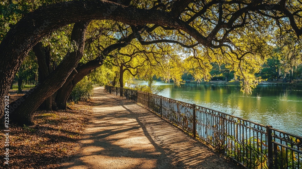 A scenic walkway beside a tranquil river, shaded by overhanging branches. A scenic walkway beside a tranquil river, shaded by overhanging branches.