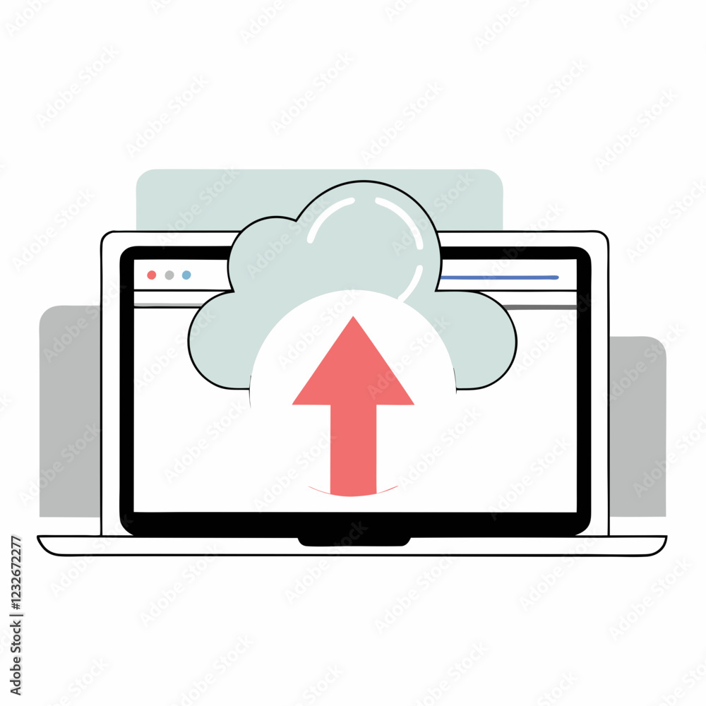 Laptop displaying cloud upload symbol with upward arrow. Clean design showing data transfer process. Simple color palette. Concept of: cloud storage, data backup, file sharing. Laptop displaying cloud upload symbol with upward arrow. Clean design showing data transfer process. Simple color palette. Concept of: cloud storage, data backup, file sharing.
