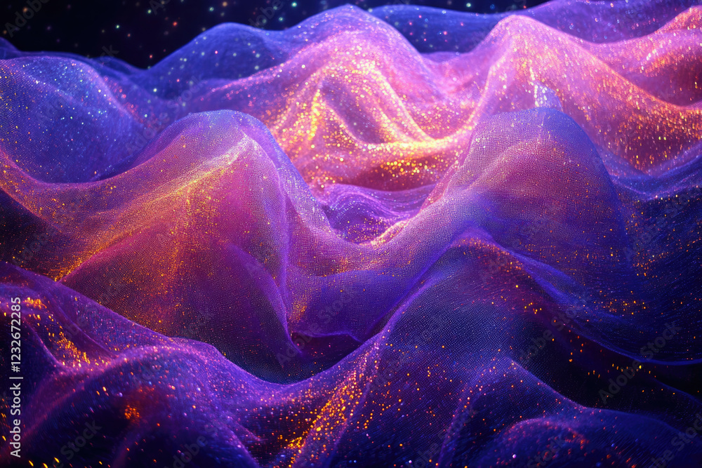 Obraz premium Sparkling purple and gold fabric, resembling a celestial landscape, with a glittery texture.