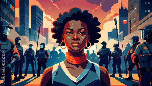 Young Black woman stands defiant at urban protest, looking directly at camera with determined expression against backdrop of law enforcement. Concept of civil rights, social justice, activism